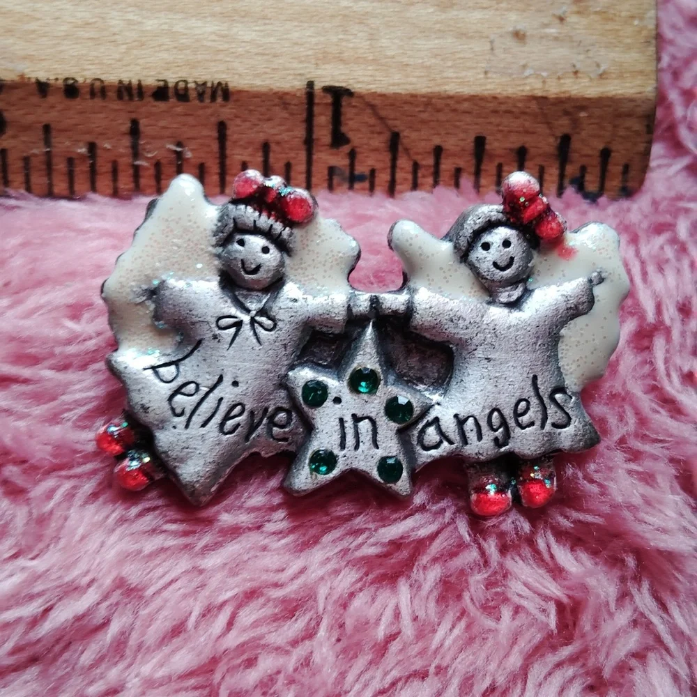 Silver Angel Brooch with Green and Red Accents Believe